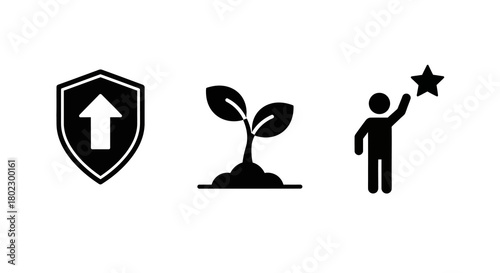 Growth symbol set: shield, plant, person with star icons
