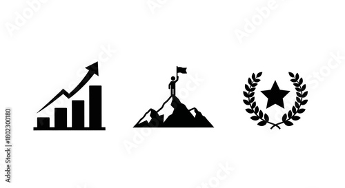 Silhouette icons of growth, achievement, and excellence featuring bar graph, mountain climber, and laurel wreath