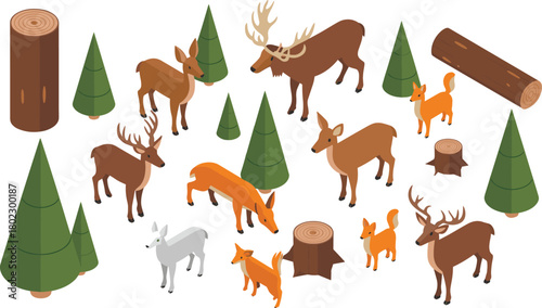 Isometric illustration of woodland animals including deer, foxes, wolf and pine trees in natural forest environment with tree stumps
