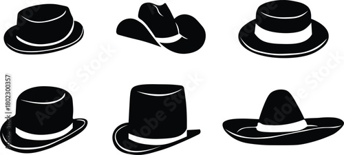 Hat Icon Set, black cowboy hats, western style hat , Vector illustration !