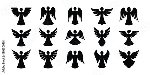 angel icon set. set of angle icon. angle silhouette icon set. Collection of silhouetted angel figures with wings spread in various poses and styles