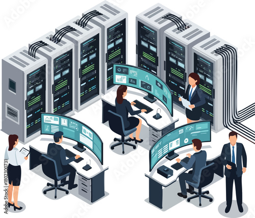 Illustration of business professionals working at computer servers in a data center with multiple monitors and a corporate setting.