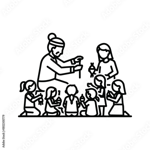 Elder teaching traditional craft skills to children with an adult assisting, promoting intergenerational learning.