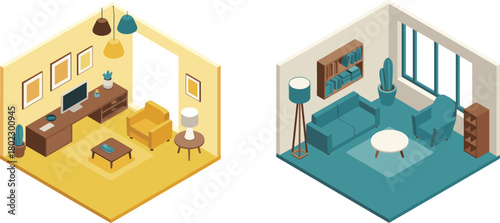 Isometric interior illustration showing modern living room and home office with furniture, computer desk, plants,