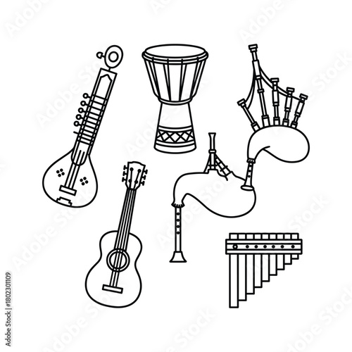 Outline illustration of diverse musical instruments including sitar, djembe, bagpipes, guitar, and pan flute, on white background.