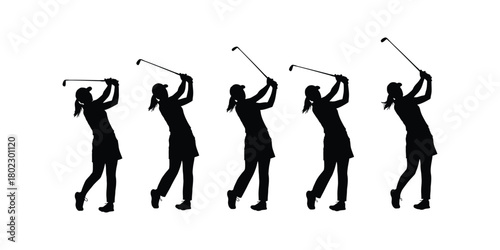 set of women golfer icon. women golfer icon. Silhouette of a woman golfer in five sequential stages of a swing against a white background