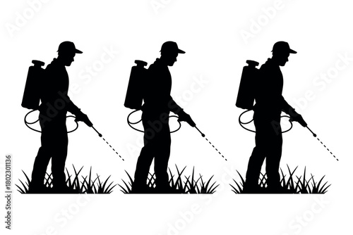 Silhouettes of three men spraying pesticides on grass, emphasizing agricultural work.