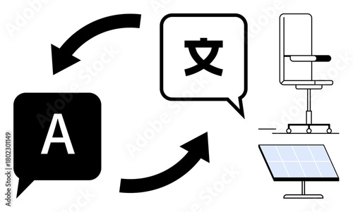 Two speech bubbles with arrows representing translation, one with A and another with a foreign character, a solar panel, and an ergonomic chair. Ideal for communication, translation, multilingual