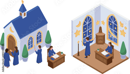 Cartoon wizard Isometric magical school illustration showing students practicing wizardry in classroom and outside building with books,