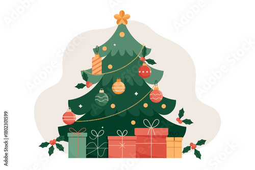 A decorated Christmas tree stands surrounded by wrapped presents, ready for the holidays.