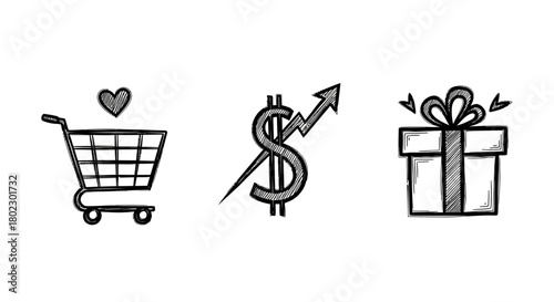 Sketch style shopping cart, dollar sign, and gift box icons for e-commerce trends