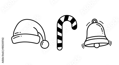 Festive holiday icons: Santa hat, candy cane, and ringing bell