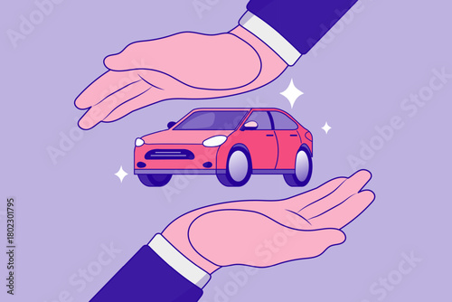 Ensure vehicle safety with this car insurance concept. Two hands gently protect a red car, symbolizing auto coverage, accident security, and reliable warranty service for drivers.