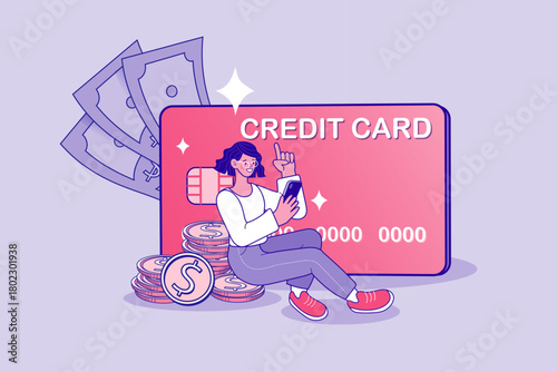 A happy woman makes an easy credit card payment on her smartphone. She sits on stacks of gold coins and cash, symbolizing financial wealth and secure mobile banking transactions.