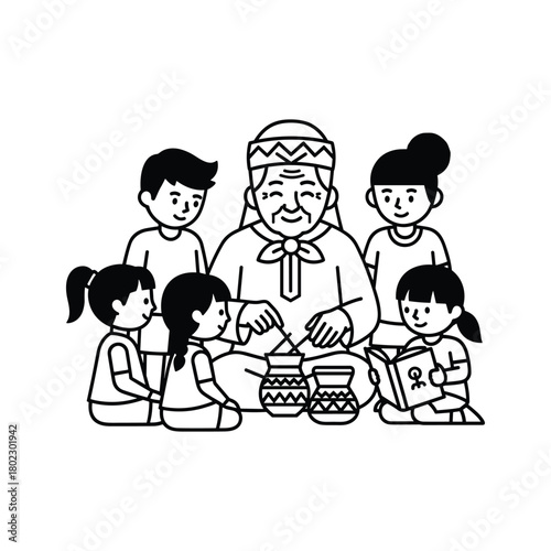 Elderly person sharing cultural traditions with diverse children, teaching and storytelling, clean line art