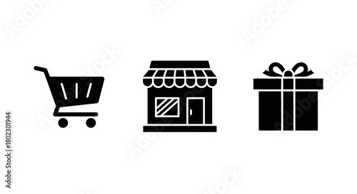 Silhouette icons of shopping cart, storefront, and gift box for e-commerce design