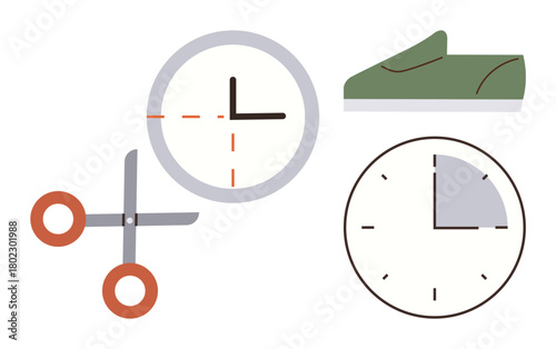 Clock face, scissors cutting a dashed line, and a folded green item evoke efficiency, planning, and resourcefulness. Ideal for productivity, organization, focus, scheduling prioritization work-life