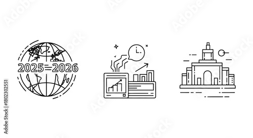 Global growth and progress visualized through evolving timelines and iconic structures.