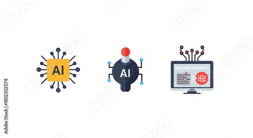 Artificial intelligence and machine learning icons in modern flat design