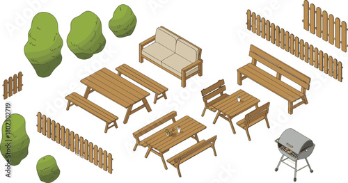 Isometric outdoor garden furniture illustration with wooden benches, tables, fences, sofa, trees, umbrella, and barbecue grill in summer scene