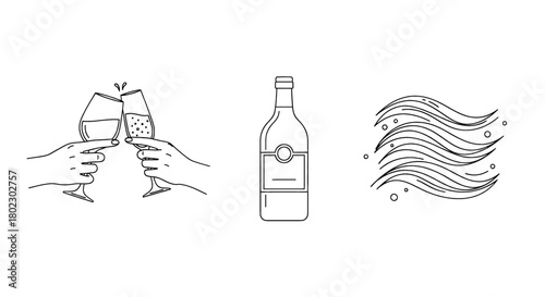 Celebratory toast with sparkling wine and a bottle, representing festive occasions and effervescence.