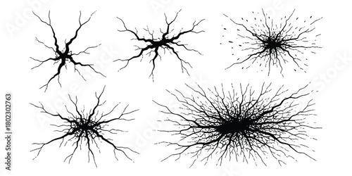 Black graphic crack set: fracture, damage, and destruction elements isolated. art