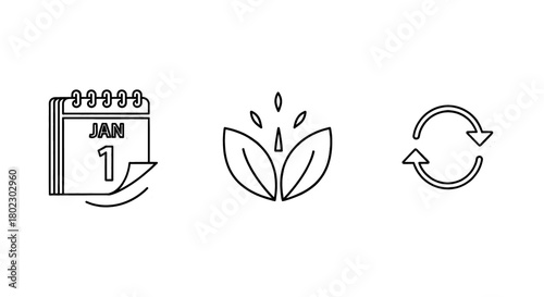Calendar, sprouting plant, and refresh icons symbolizing planning, growth, and cycles