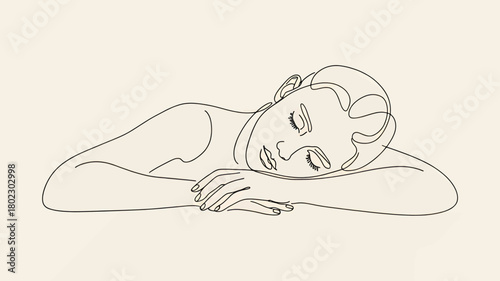Minimalist line art of a sleeping woman simple vector illustration of a female figure resting isolated on a light background