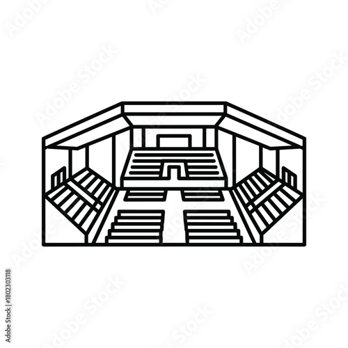 Line art icon of empty sports stadium, concert arena, or convention center with seating, stage, and field illustration