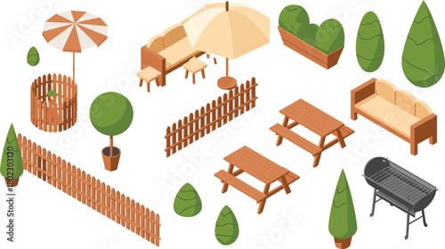 Isometric outdoor garden furniture illustration with wooden benches, tables, fences, sofa, trees, umbrella, and barbecue grill in summer scene