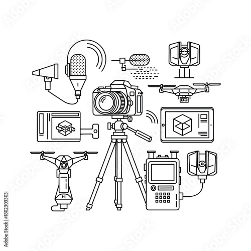 Media production equipment line art illustration set featuring cameras, drones, audio gear, and digital tools