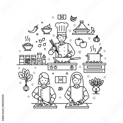 Professional chefs cooking and preparing various dishes with fresh ingredients and spices in a detailed kitchen environment.