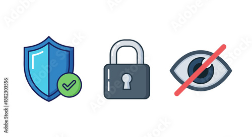 Digital security icons: shield, lock, and eye privacy symbols in modern style