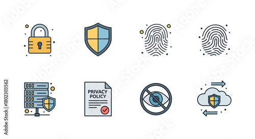 Cybersecurity icons set featuring privacy policy and data protection symbols
