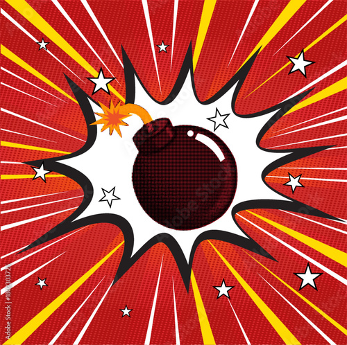 A cartoon bomb exploding in a retro pop art comic style with a halftone effect and dynamic red and yellow background, vector illustration