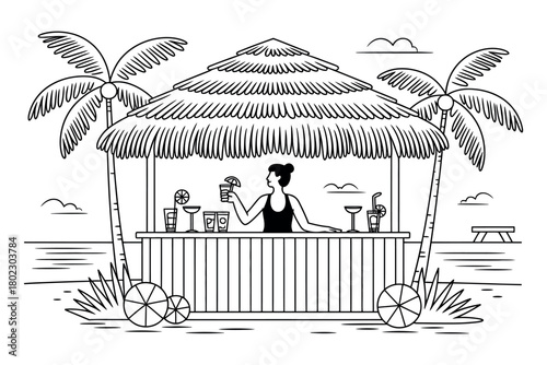 A person serves drinks at a tropical beach bar under palm trees.
