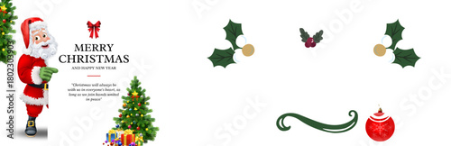 Santa claus, christmas tree, presents, and festive decorations create a cheerful holiday greeting.