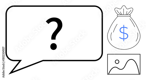 Speech bubble with a question mark, sack with a dollar sign, and a simple landscape sketch. Ideal for creativity, problem-solving, financial decisions, curiosity, uncertainty, communication