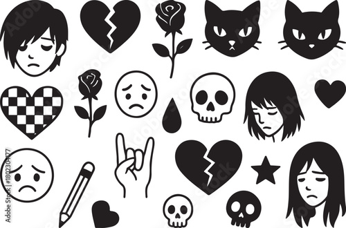 Goth and Emo Teenage Feelings Vector Set – Y2K Aesthetic Stickers and Flash Tattoos.