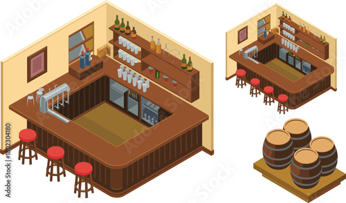 Isometric pub bar interior with stools, beer taps, bottles, wooden counter, and wine barrels, cozy bar design illustration concept