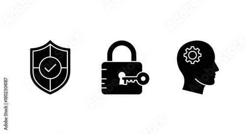 Security icons set: shield, lock, key with minimalist design for digital protection