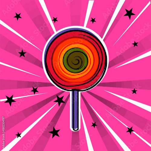 A colorful swirl lollipop in a retro pop art comic style with a halftone effect on a vibrant pink sunburst background, vector illustration