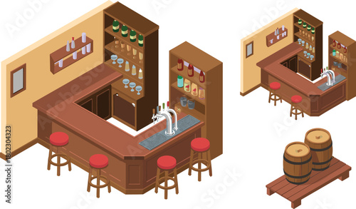 Isometric rustic bar interior with wooden counter, stools, liquor bottles