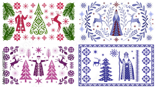 Four panels of christmas folk art featuring santa trees reindeer and decorative floral elements