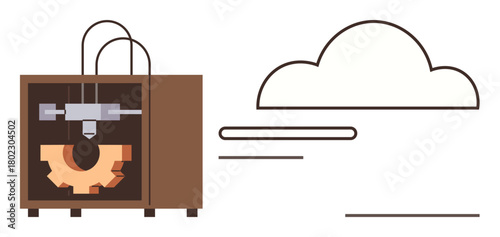 3D printer producing gear under abstract cloud motif suggesting innovation, digitalization, manufacturing, progress, automation, cloud storage, and industry. Ideal for modern tech, simple flat