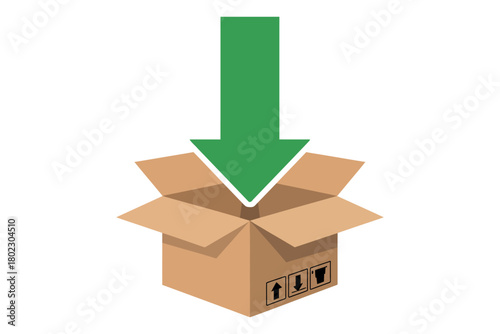 An arrow points down into an open cardboard box, symbolizing delivery or storage.