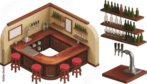 Isometric rustic bar interior with wooden counter, stools, liquor bottles