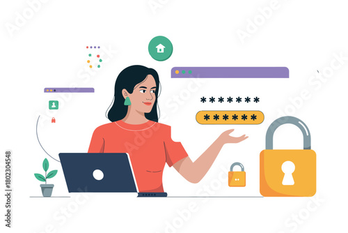 A person is accessing a secured account with a strong password and a padlock icon.