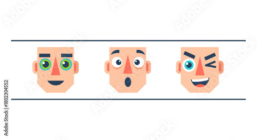 Flat cartoon faces showing different expressions in a minimalist style