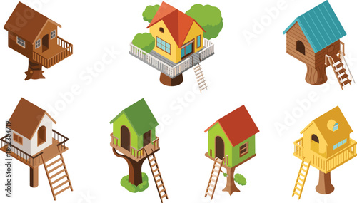 Isometric treehouse illustration collection showing various colorful wooden houses on trees, outdoor adventure and playful childhood concept design